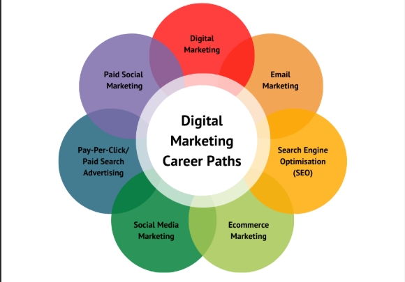 Digital marketing career paths including SEO, social media marketing, email marketing, PPC, and ecommerce marketing